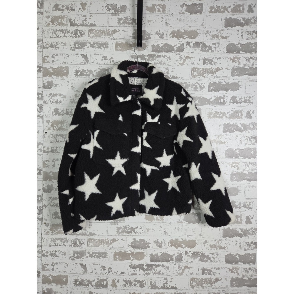 Avec Les Filles Sherpa Trucker Jacket Size Small Black & White Celestial Cozy